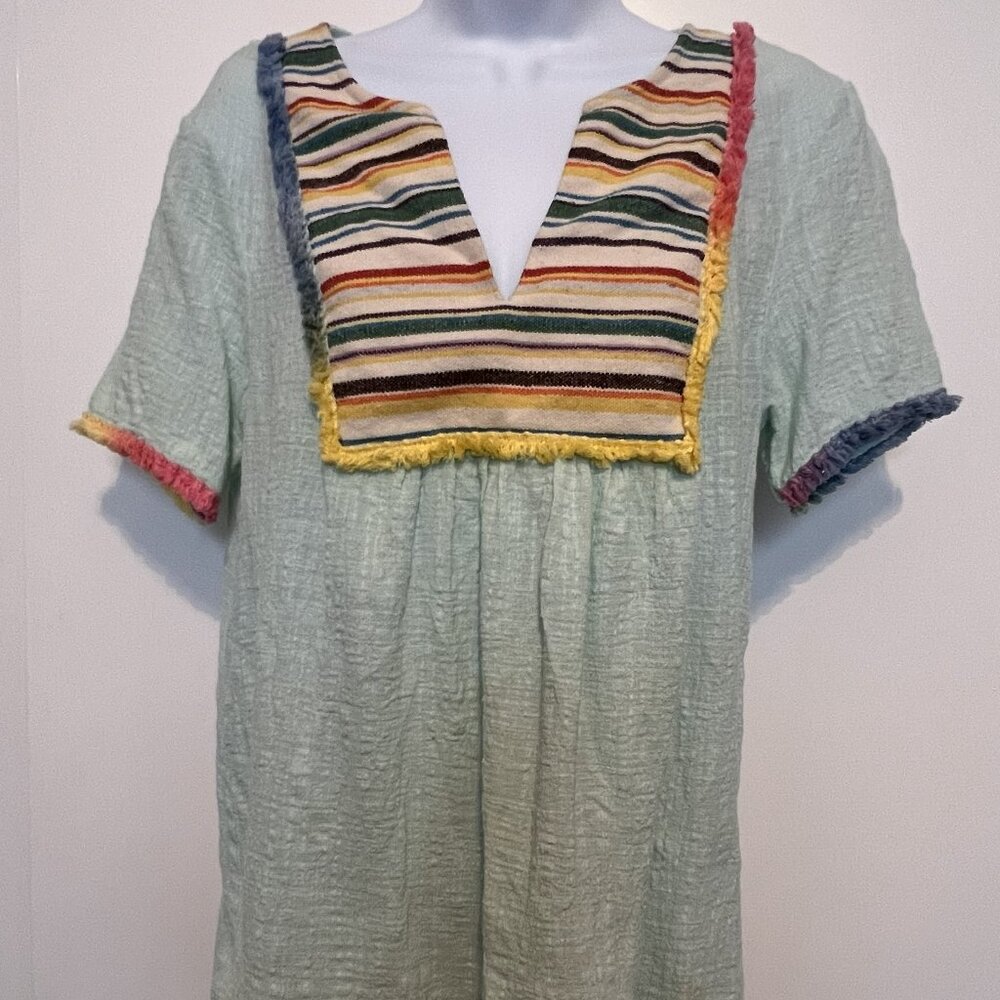Boho Hippie Chic Peasant Top 100% Cotton Light Blue/Multi Women's size Medium